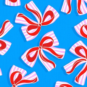 (L) Ditsy Kitsch Red Ribbons on Stripy Bows Party 6. Azure Blue