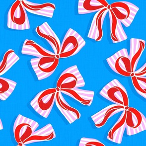 (M) Ditsy Kitsch Red Ribbons on Stripy Bows Party 3. Azure Blue