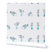 Modern Hand-Drawn Blue White Yellow  and Green Zinnia Floral Stripe 