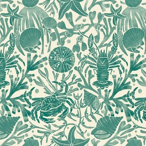 Teal monotone vintage seashells, crustaceans and seaweed (large scale)