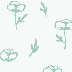 Hand-Drawn Poppy Flowers with Leaves - Mint Green - Large Scale - Simple and Sweet Springtime Botanical for Nursery and Home Decor