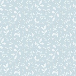 Multidirectional Tossed Leaf Sprigs and Branches - Ice Blue - Small Scale - Hand-Drawn Ditsy Botanical for Cottagecore, Springtime, and Wedding Styles