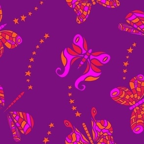 Starflight Party Colors Butterflies Purple Red Pink Bright  Large Scale Half Drop Pattern