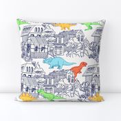 Hand drawn Colorful Dinosaurs Roaming in the Urban City Sketch