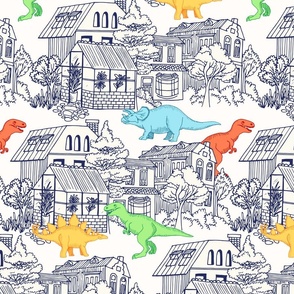 Hand drawn Colorful Dinosaurs Roaming in the Urban City Sketch