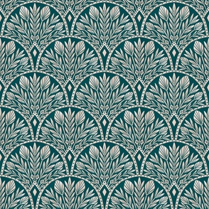 1920s art deco floral scallop in teal green and pink, small