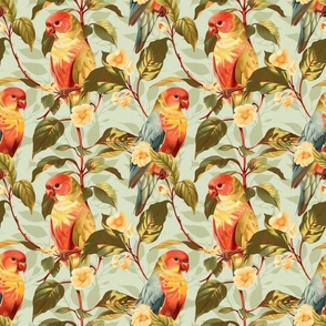 Sunset Canaries in Bloom - Warm Floral Aviary Pattern