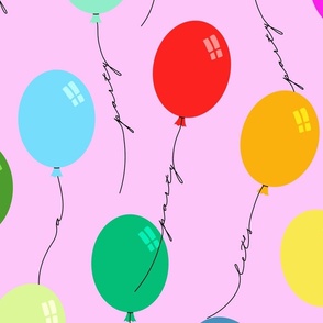 Let's have a party Balloons with wording on black string - colorful with light pink background – Extra large (XL) Scale – playful and colorful for interior styles from modern to eclectic 