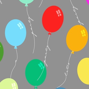 Let's have a party Balloons with wording on white string - colorful with light grey background – Extra large (XL) Scale – playful and colorful for interior styles from modern to eclectic 