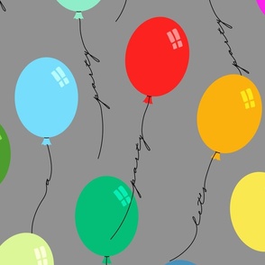 Let's have a party Balloons with wording on black string - colorful with light grey background – Extra large (XL) Scale – playful and colorful for interior styles from modern to eclectic 