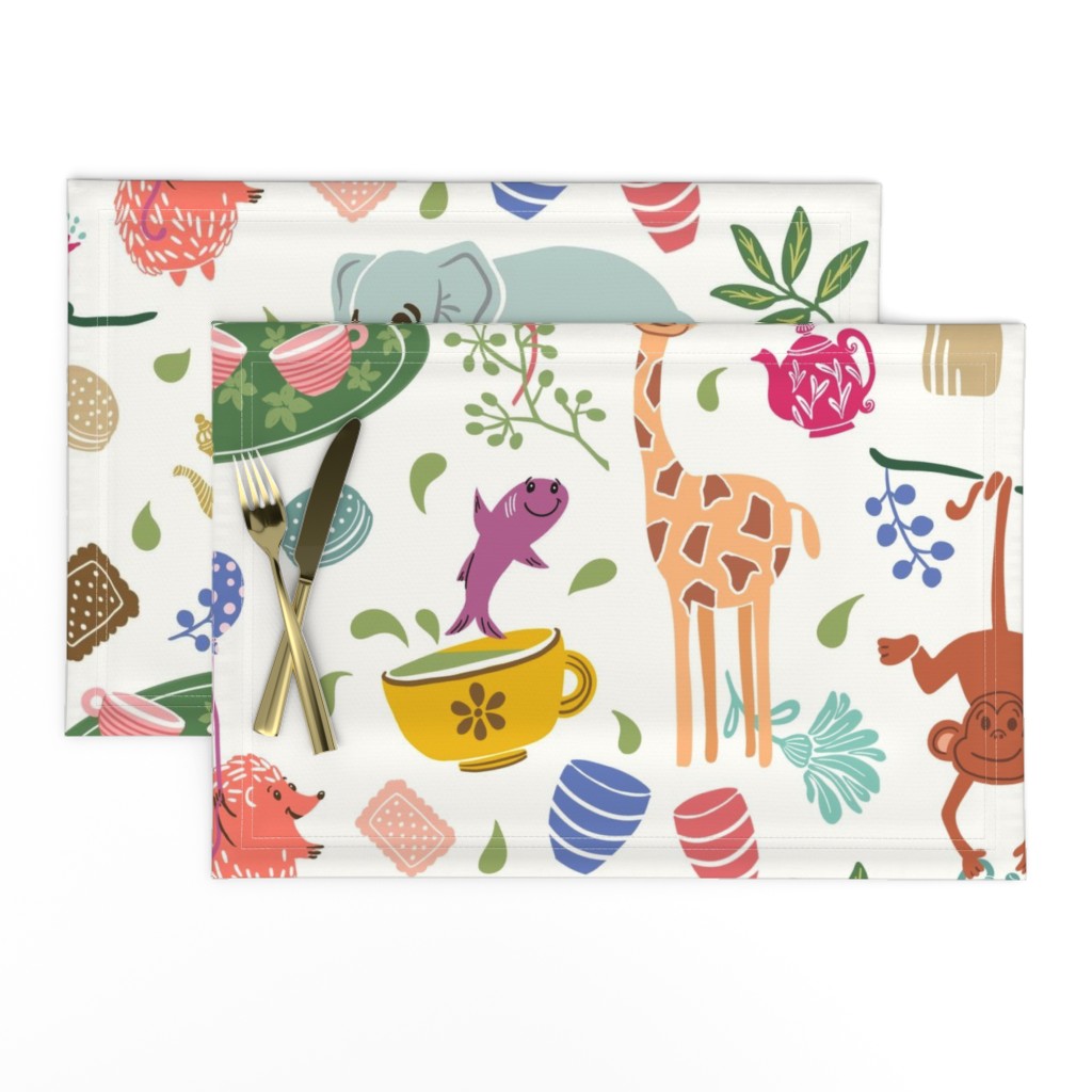 Whimsical animal friends tea party, multicolor on cream white background