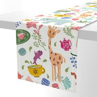 Whimsical animal friends tea party, multicolor on cream white background