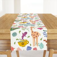 Whimsical animal friends tea party, multicolor on cream white background