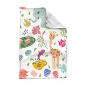 Whimsical animal friends tea party, multicolor on cream white background