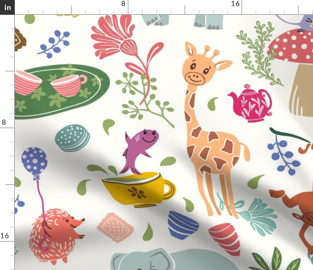 Whimsical animal friends tea party, multicolor on cream white background