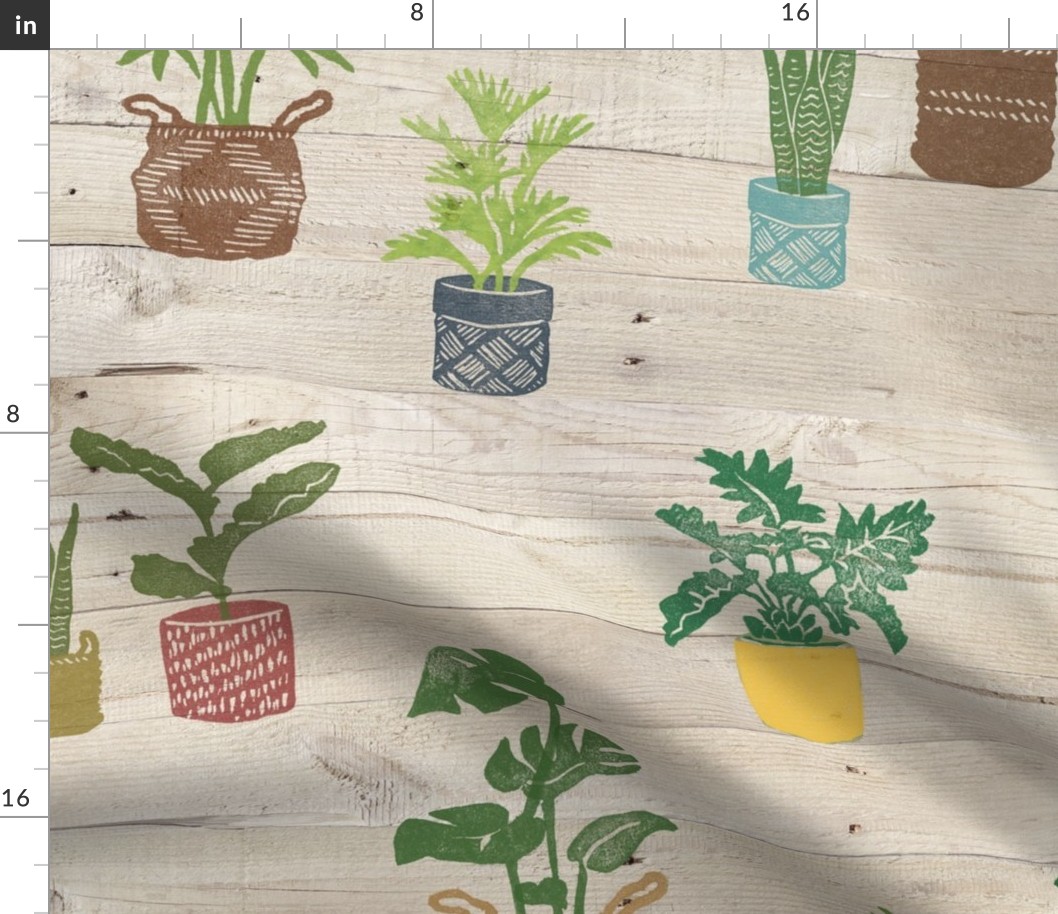 Block Print House Plants on Wood (xl scale) | Block printed pot plants on boho wood texture, plant etagere for rustic garden decor, weathered wood with block prints, shipping crate pallet, rustic wood with warm neutral colours.