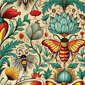 Bee Floral Mushroom Design in Teal Poppy Red and Yellow 