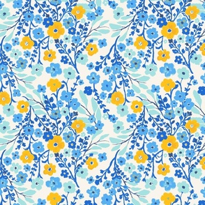 French Countryside Summer Blooms By The Sea in French Blue, Cobalt Blue, Navy Aqua and Lemon Yellow | 10 inch