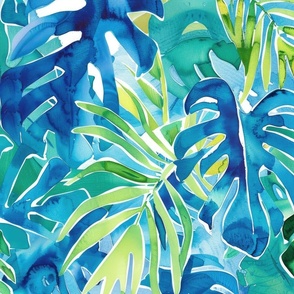 Wet Watercolor Blue and Green Monstera Leaves