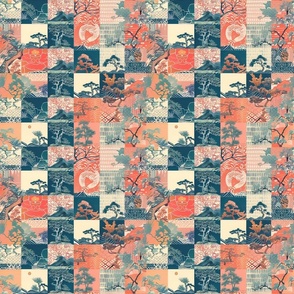 East Asian Botanical Tapestry - Coral & Teal Traditional Patterns