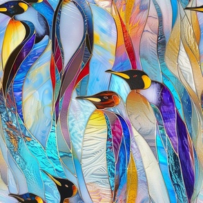 Colorful Stained Glass Watercolor Rainbow Emperor Penguins in the Snow