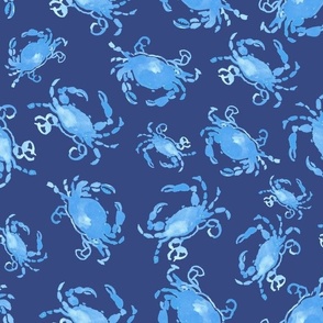 Nautical Seaside Crab Pattern in Ocean and Dark Royal Blue: Painted watercolor crabs in a cottage coastal design for home decor, fashion, and crafts