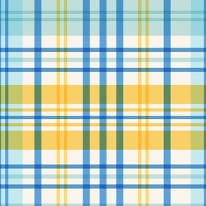 Vintage Summer Plaid: Nostalgic Coastal Charm with Aqua Accents, Perfect for Clothing or Home Decor Seeking Retro Beach Vibes in Shades of Blue and Yellow