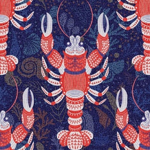 Red Gray Retro Lobsters on a Navy Ocean Floor Background