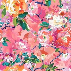 Tea roses toile  in pink and orange