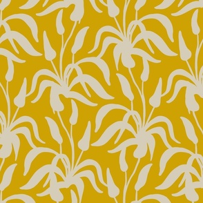 LARGE TRADITIONAL WESTERN DESERT MONO TWO COLOUR FLOWER BOTANICAL-MUSTARD YELLOW AND EGGSHELL WHITE