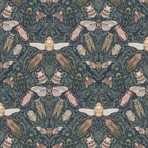 Insects Botanical Heritage Morris Inspired Beetles Bees 12 in Blue Nights
