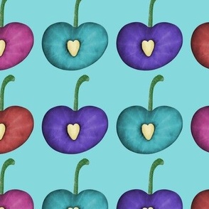 Colorful Sliced Cherries on Blue Large Scale