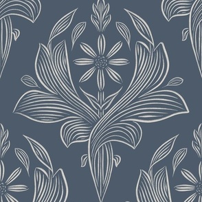 large scale // classic botanical line art - inky blue_ subtle grey