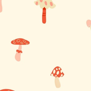 Red Polka Dot Watercolour Woodland Mushrooms on Cream - Large