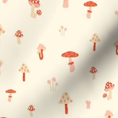 Red Polka Dot Watercolour Woodland Mushrooms on Cream  - Mini