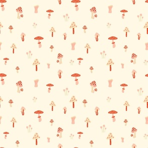 Red Polka Dot Watercolour Woodland Mushrooms on Cream  - Mini
