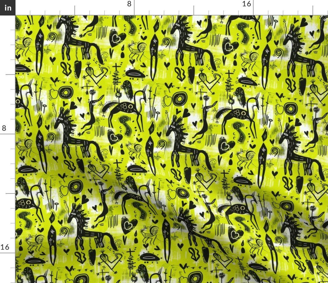 Sagittarian Symphony: Abstract Lime Green and Black Wildflower Centaur Print