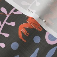 Orange Red  Lobsters and Crabs with purple & pink seaweed on dark linen textured background