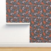 Orange Red  Lobsters and Crabs with purple & pink seaweed on dark linen textured background