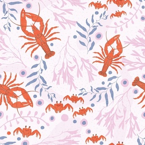 Orange Red  Lobsters and Crabs with purple & pink seaweed on light linen textured background