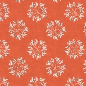 White Seaweed Flowers on orange red faux linen textured background