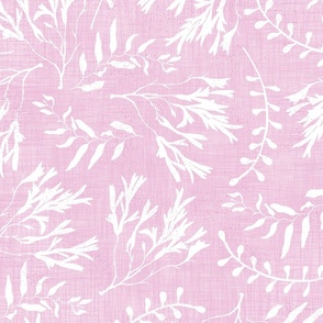 White Floating seaweed on pink faux linen textured background