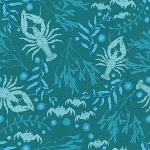 Blue green  Lobsters and Crabs with blue green seaweed on cyan linen textured background