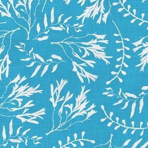 White Floating seaweed on blue faux linen textured background