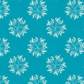 White Seaweed Flowers on blue faux linen textured background
