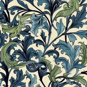 Morris Design in Teal and Green on Cream Background