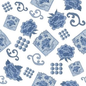 Blue & White  Porcelain-Tossed Blue Peonies, Medallions, Scrolls & Dots on a white background.