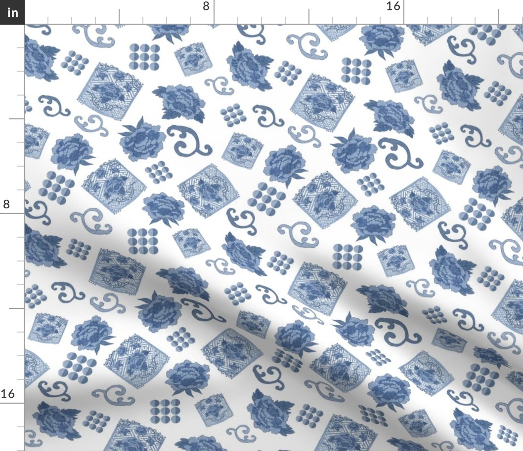 Blue & White  Porcelain-Tossed Blue Peonies, Medallions, Scrolls & Dots on a white background.