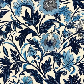 Morris Light, Blue and Navy Floral Pattern on Cream