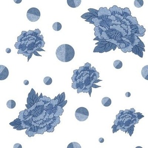 Blue & White Porcelain- Blue Peonies &  Dots on a white blackground.